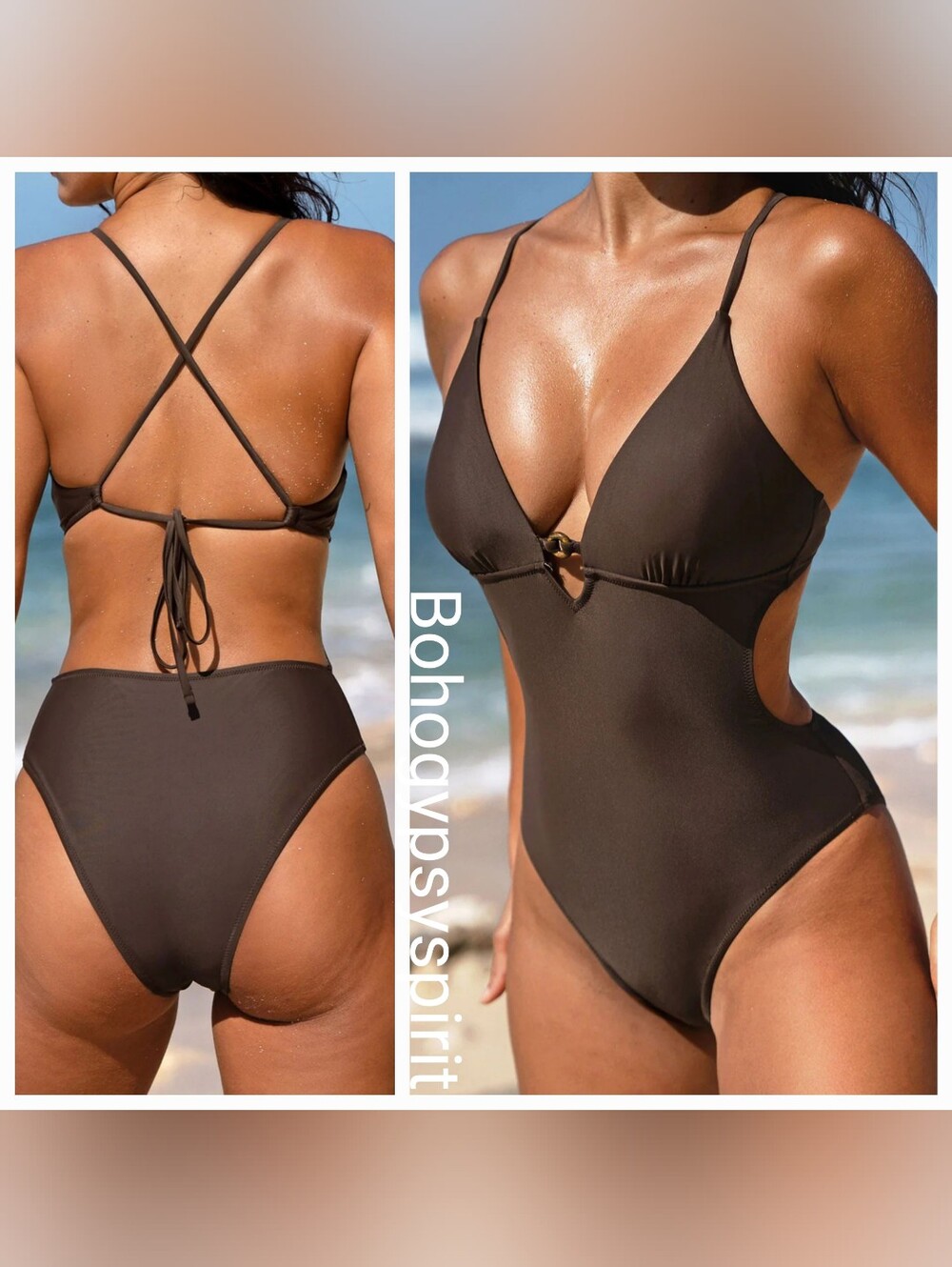 NWT $85 Berlook ECONYL Dark Coffee Cutout One Piece Swimsuit, Medium